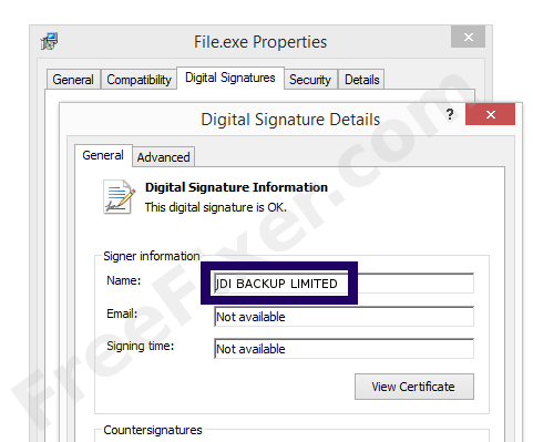 Screenshot of the JDI BACKUP LIMITED certificate